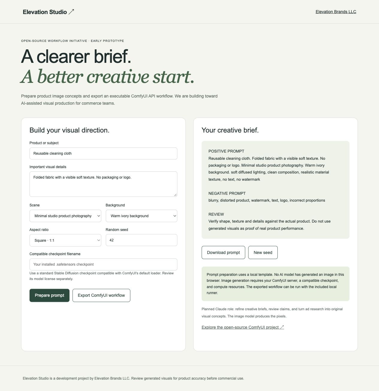 Elevation Studio prototype interface; demonstration, not customer performance data