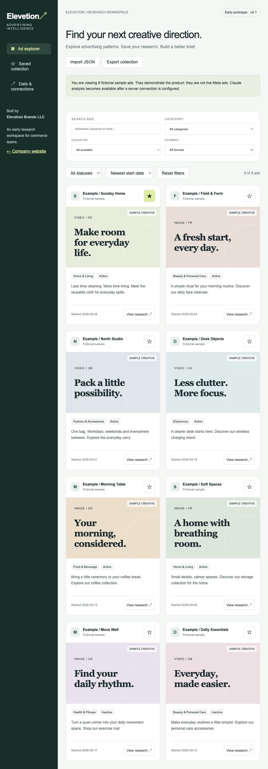 Elevetion prototype interface; demonstration, not customer performance data